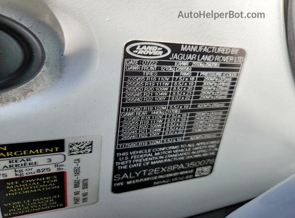 SALYT2EX8PA350078 2023 LAND ROVER RANGE White 