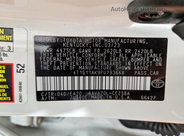4T1G11AK9PU793668 2023 TOYOTA CAMRY White VIN sticker view