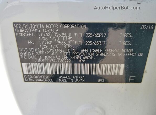 JTMZFREV5GJ080222 2016 TOYOTA RAV4 White 