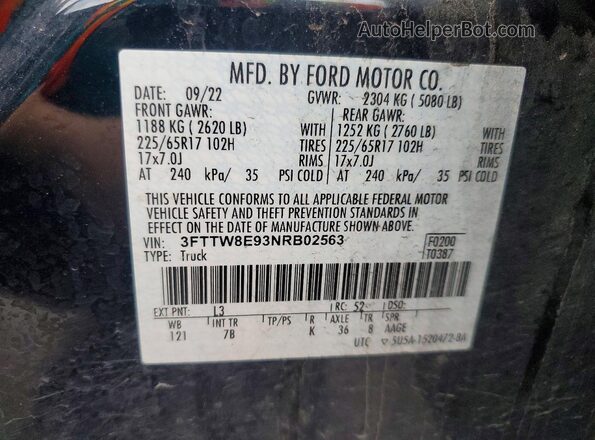 3FTTW8E93NRB02563 2022 FORD MAVERICK Blue VIN კოდის სტიკერის ხედი
