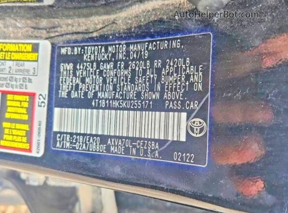 4T1B11HK5KU255171 2019 TOYOTA CAMRY Black Vista de la etiqueta del VIN