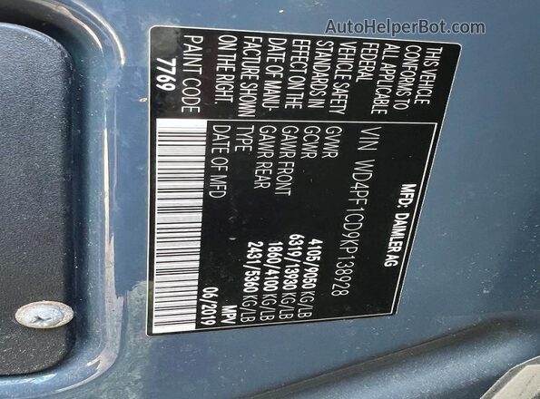 WD4PF1CD9KP138928 2019 MERCEDES-BENZ SPRINTER Blue უკანა სალონის ხედი