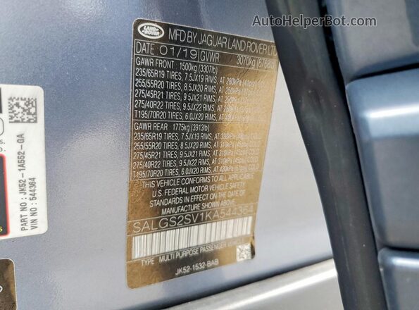 SALGS2SV1KA544364 2019 LAND ROVER RANGE Blue Vista interior de 360 grados