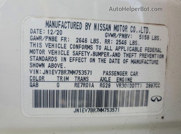 JN1EV7BR7MM753571 2021 INFINITI Q50 White Widok naklejki z numerem VIN