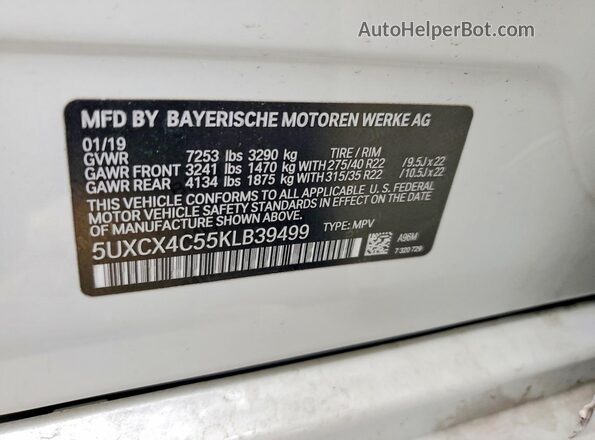 5UXCX4C55KLB39499 2019 BMW X7 White 