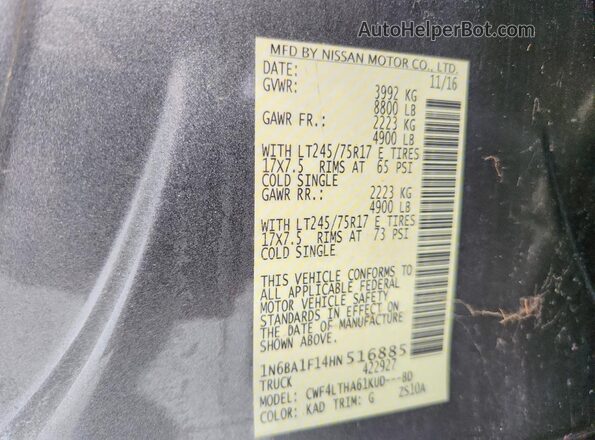 1N6BA1F14HN516885 2017 NISSAN TITAN Gray VIN კოდის სტიკერის ხედი