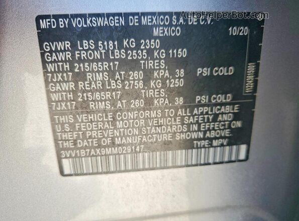 3VV1B7AX9MM029147 2021 VOLKSWAGEN TIGUAN Silver Панорамний вид салону 360°