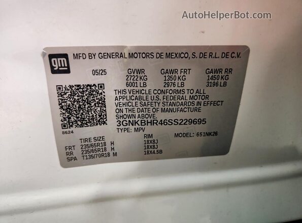 3GNKBHR46SS229695 2025 CHEVROLET BLAZER Белый Вид наклейки с VIN-кодом