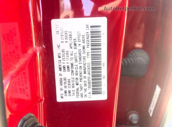 19UUB2F61JA008253 2018 ACURA TLX Красный Вид задней части салона