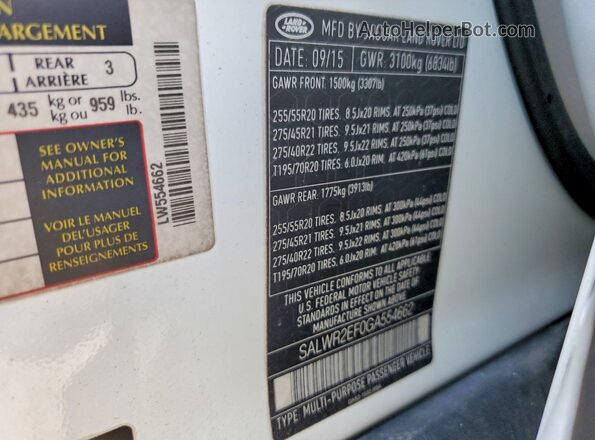 SALWR2EF0GA554662 2016 LAND ROVER RANGE ROVER White 
