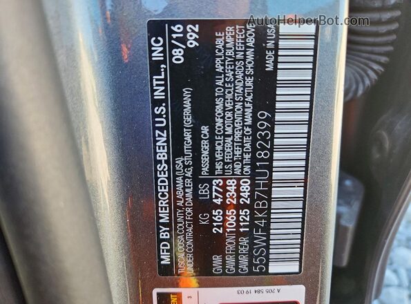 55SWF4KB7HU182399 2017 MERCEDES-BENZ C-CLASS Gray VIN კოდის სტიკერის ხედი