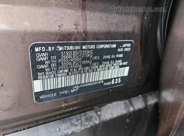 JA4J4VA88NZ091879 2022 MITSUBISHI OUTLANDER Brown Widok naklejki z numerem VIN