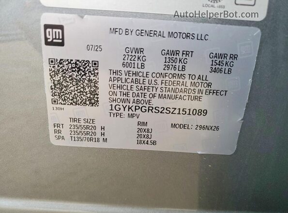1GYKPGRS2SZ151089 2025 CADILLAC XT6 Серый 