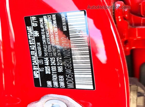 WDD5J4GB2LN026212 2020 MERCEDES-BENZ CLA-CLASS Красный Вид наклейки с VIN-кодом