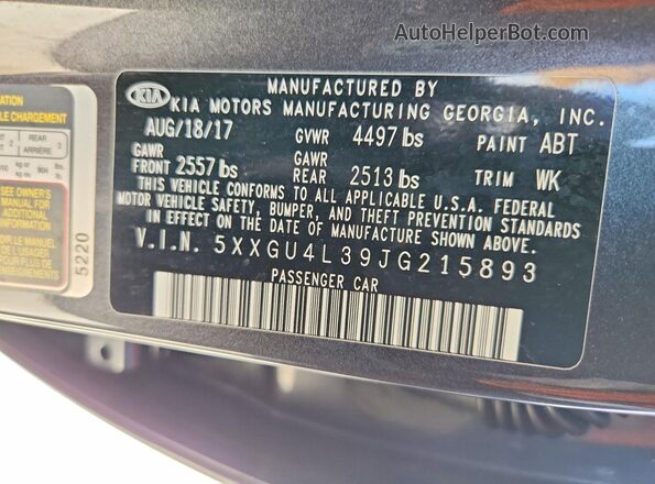 5XXGU4L39JG215893 2018 KIA OPTIMA Charcoal VIN sticker view