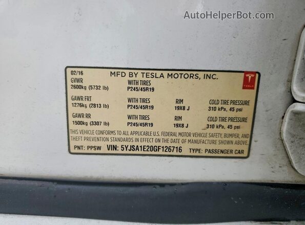 5YJSA1E20GF126716 2016 TESLA MODEL Green VIN կոդի պիտակի տեսք
