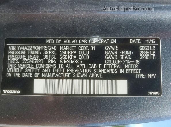 YV4A22PKXH1151240 2017 VOLVO XC90 Gray 