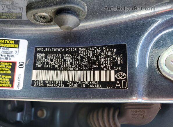 2T1BURHE9KC127937 2019 TOYOTA COROLLA Gray 