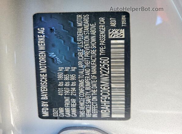 WBAHF9C06MWX22560 2021 BMW Z4 Silver VIN կոդի պիտակի տեսք