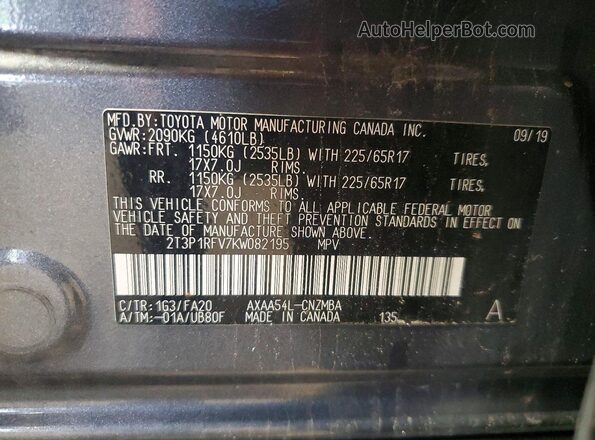 2T3P1RFV7KW082195 2019 TOYOTA RAV4 Gray Vista interior de 360 grados