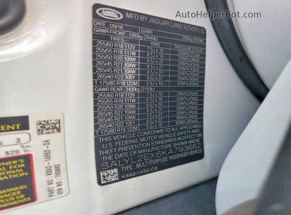 SALYL2EX6KA793662 2019 LAND ROVER RANGE ROVER Белый Панорамный вид салона 360°