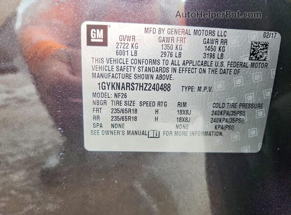1GYKNARS7HZ240488 2017 CADILLAC XT5 Угольный Панорамный вид салона 360°