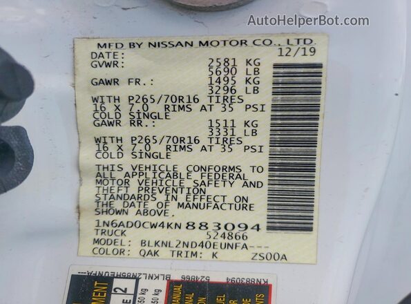 1N6AD0CW4KN883094 2019 NISSAN FRONTIER White 