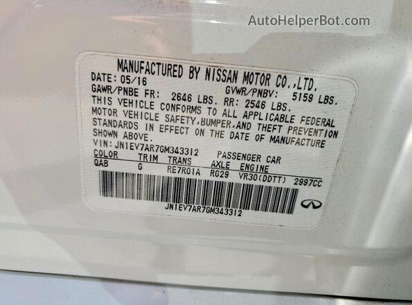 JN1EV7AR7GM343312 2016 INFINITI Q50 White VIN კოდის სტიკერის ხედი