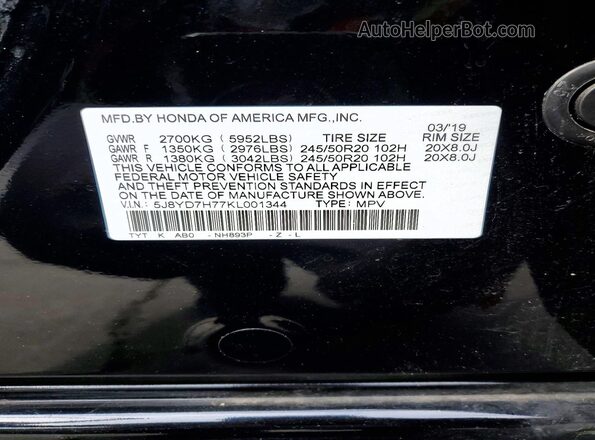 5J8YD7H77KL001344 2019 ACURA MDX Black 