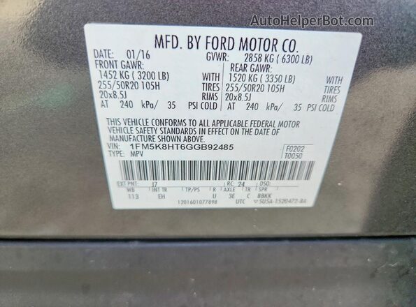 1FM5K8HT6GGB92485 2016 FORD EXPLORER Gray 