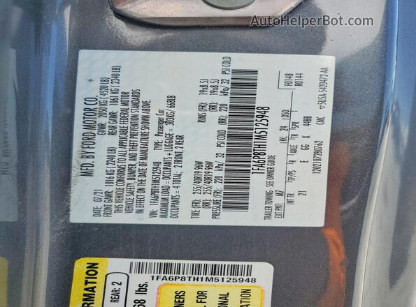 1FA6P8TH1M5125948 2021 FORD MUSTANG Gray Вид наклейки з VIN-кодом