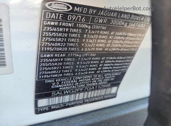 SALWG2PF7GA112948 2016 LAND ROVER RANGE White VIN კოდის სტიკერის ხედი