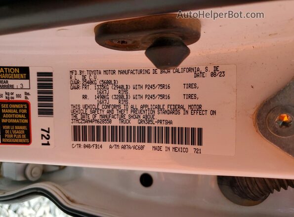 3TMCZ5AN4PM628550 2023 TOYOTA TACOMA White Vista de la etiqueta del VIN