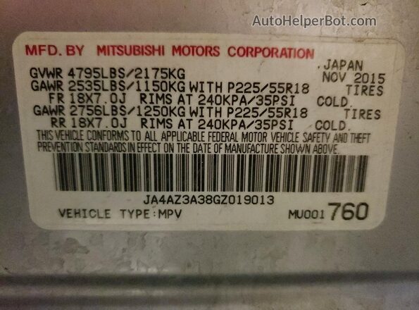 JA4AZ3A38GZ019013 2016 MITSUBISHI OUTLANDER Gray 