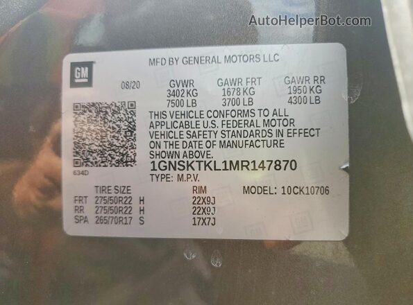 1GNSKTKL1MR147870 2021 CHEVROLET TAHOE Gray 