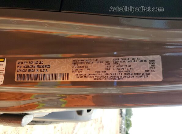 1C4HJXFN1MW589428 2021 JEEP WRANGLER Gray VIN կոդի պիտակի տեսք