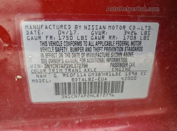 3N1CN7AP2HL872796 2017 NISSAN VERSA Red 