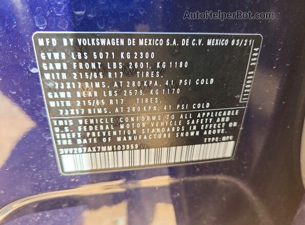 3VV2B7AX7MM103959 2021 VOLKSWAGEN TIGUAN Blue 