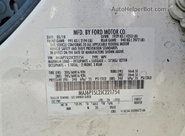 MAJ6P1SL2JC221754 2018 FORD ECOSPORT White 