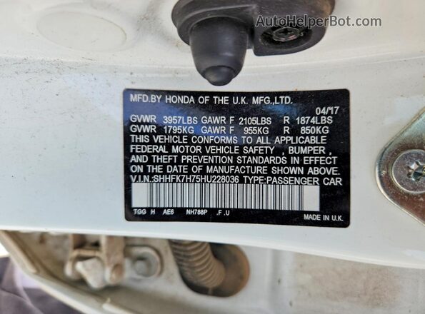 SHHFK7H75HU228036 2017 HONDA CIVIC White Вид наклейки з VIN-кодом