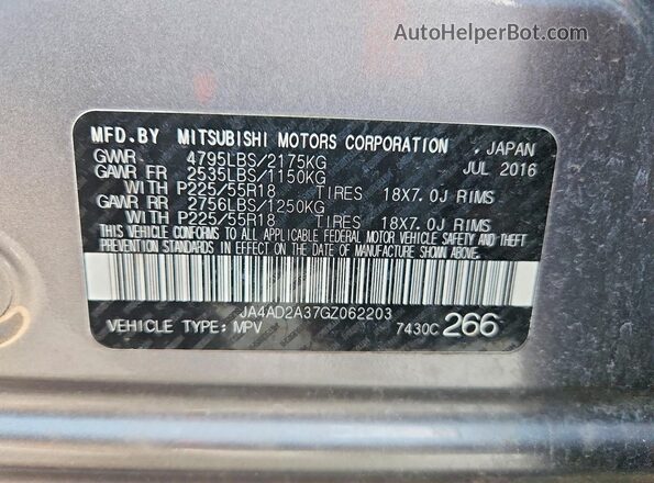 JA4AD2A37GZ062203 2016 MITSUBISHI OUTLANDER Gray 