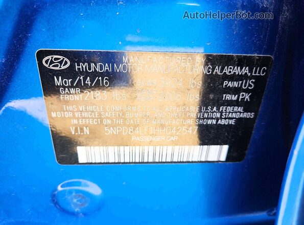 5NPD84LF1HH042547 2017 HYUNDAI ELANTRA Blue Vista de la etiqueta del VIN