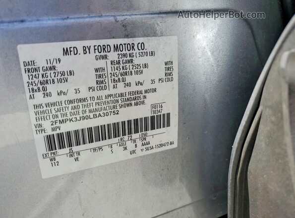 2FMPK3J90LBA30752 2020 FORD EDGE Silver 