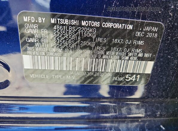 JA4AD3A35KZ035306 2019 MITSUBISHI OUTLANDER Blue სალონის 360-გრადუსიანი ხედი