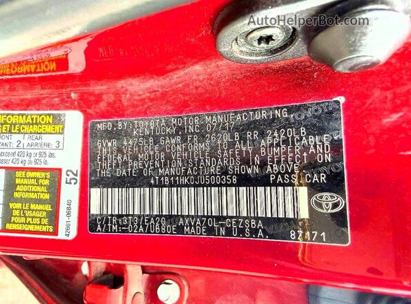 4T1B11HK0JU500358 2018 TOYOTA CAMRY Red Rear interior view