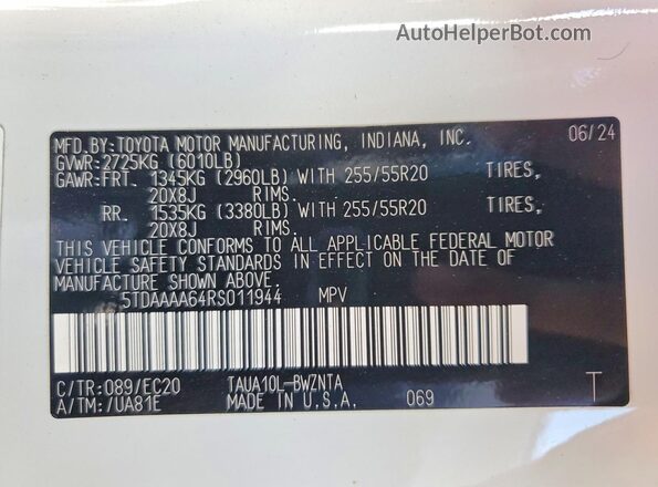 5TDAAAA64RS011944 2024 LEXUS TX White Vista interior de 360 grados