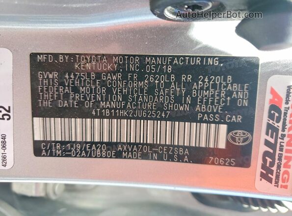 4T1B11HK2JU625247 2018 TOYOTA CAMRY Silver 