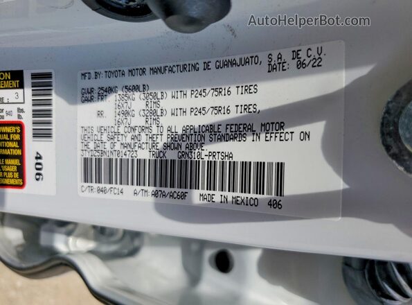 3TYDZ5BN1NT014723 2022 TOYOTA TACOMA Белый Вид наклейки с VIN-кодом