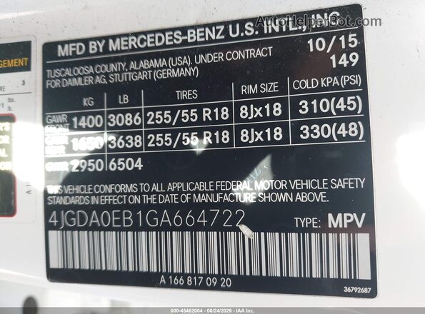 4JGDA0EB1GA664722 2016 MERCEDES-BENZ GLE 300D White Engine compartment view