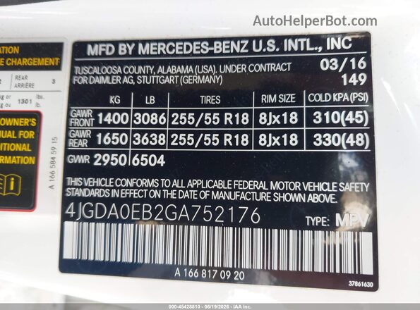4JGDA0EB2GA752176 2016 MERCEDES-BENZ GLE 300D White Вид підкапотного простору